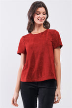 Load image into Gallery viewer, Rust Red Faux Suede Short Sleeve Round Neck Cross Stitching Detail Relaxed Top
