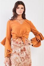 Load image into Gallery viewer, Camel Fuzzy Long Ruffle Sleeve V-Neck Self-Tie Front Detail Cropped Top
