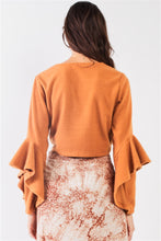 Load image into Gallery viewer, Camel Fuzzy Long Ruffle Sleeve V-Neck Self-Tie Front Detail Cropped Top
