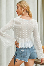 Load image into Gallery viewer, Swiss Dot Drawstring Detail Flare Sleeve Peplum Top
