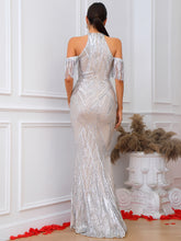 Load image into Gallery viewer, Sequin Cold-Shoulder Fringe Detail Dress
