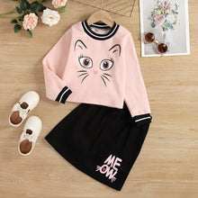 Load image into Gallery viewer, Girls Cat Graphic Sweatshirt and MEOW Skirt Set
