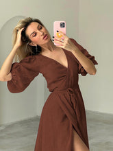 Load image into Gallery viewer, Surplice Balloon Sleeves Tied Dress
