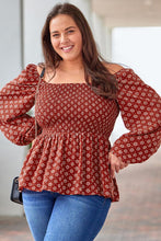 Load image into Gallery viewer, Plus Size Square Neck Balloon Sleeve Peplum Blouse
