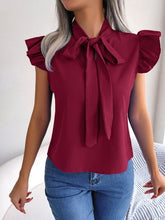 Load image into Gallery viewer, Tie  Neck Cap Sleeve Blouse
