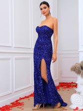 Load image into Gallery viewer, Sequin Zip-Back Strapless Split Floor-Length Dress
