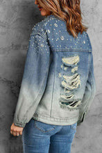 Load image into Gallery viewer, Pearl Detail Distressed Button Up Denim Jacket
