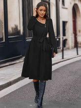 Load image into Gallery viewer, Buttoned Tie Front Long Sleeve Asymmetrical Neck Dress
