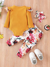 Load image into Gallery viewer, Baby Girl Graphic Ribbed Ruffle Shoulder Bodysuit and Printed Pants Set
