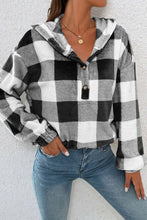 Load image into Gallery viewer, Plaid Quarter Button Dropped Shoulder Hoodie

