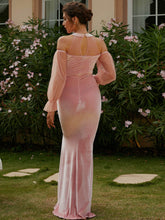 Load image into Gallery viewer, Cold-Shoulder Mesh Flounce Sleeve Split Fishtail Dress
