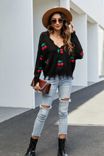 Load image into Gallery viewer, Cherry Pattern Frayed Trim V-Neck Sweater
