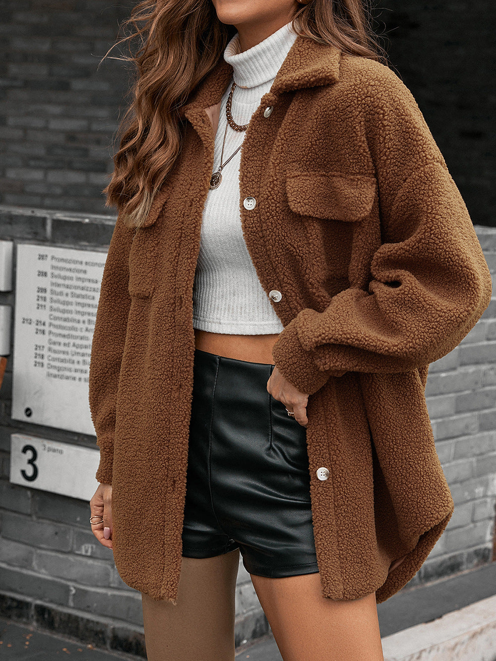 Button Down Curved Hem Teddy Jacket