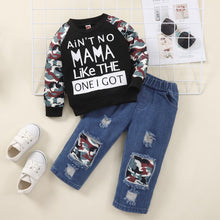 Load image into Gallery viewer, Kids Slogan Graphic Sweatshirt and Camoflague Patch Distressed Jeans Set
