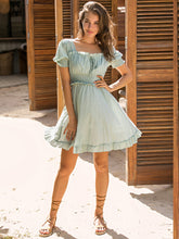 Load image into Gallery viewer, Swiss Dot Frill Trim Smocked Waist Mini Dress
