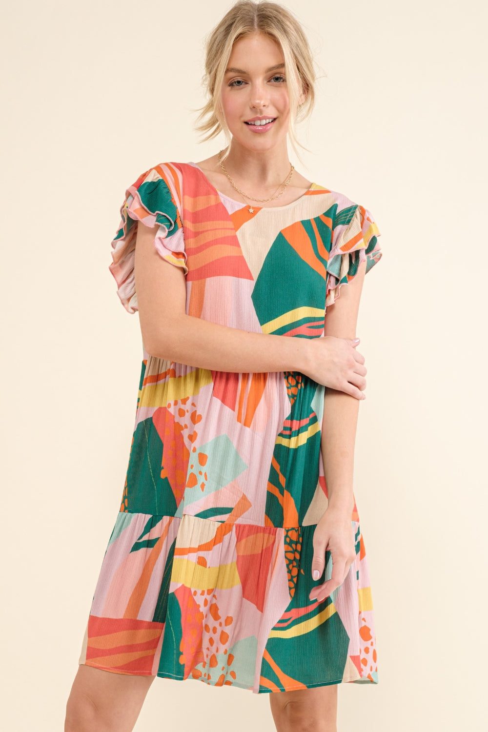 And The Why Printed Double Ruffle Sleeve Dress