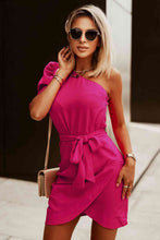 Load image into Gallery viewer, One-Shoulder Tulip Hem Tie Waist Dress
