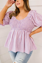 Load image into Gallery viewer, Davi &amp; Dani Youthful Days Full Size Run Gingham Smocked Babydoll Top
