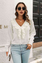 Load image into Gallery viewer, Ruffle Trim Button-Down Dropped Shoulder Sweater
