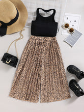 Load image into Gallery viewer, Girls Ribbed Halter Neck Tank and Leopard Pleated Wide Leg Pants Set
