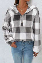 Load image into Gallery viewer, Plaid Quarter Button Dropped Shoulder Hoodie
