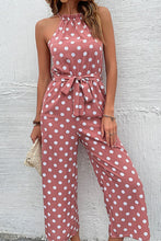 Load image into Gallery viewer, Polka Dot Grecian Wide Leg Jumpsuit
