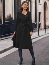 Load image into Gallery viewer, Buttoned Tie Front Long Sleeve Asymmetrical Neck Dress

