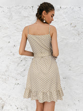Load image into Gallery viewer, Polka Dot Tie Waist Ruffle Hem Mini Wrap Dress
