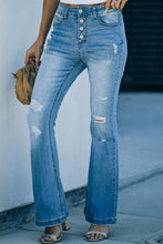 Load image into Gallery viewer, Button Fly Distressed Flared Jeans
