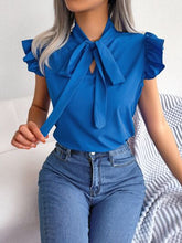 Load image into Gallery viewer, Tie  Neck Cap Sleeve Blouse
