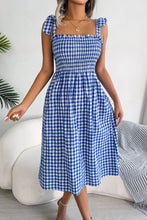 Load image into Gallery viewer, Plaid Tie Shoulder Frill Trim Midi Dress

