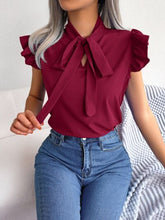 Load image into Gallery viewer, Tie  Neck Cap Sleeve Blouse

