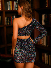 Load image into Gallery viewer, Sequin One-Shoulder Cutout Zip-Back Dress
