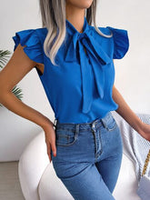 Load image into Gallery viewer, Tie  Neck Cap Sleeve Blouse

