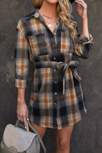 Load image into Gallery viewer, Plaid Tie Waist Button Down Shirt Dress
