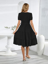 Load image into Gallery viewer, Smocked Tie Front Short Sleeve Tiered Dress
