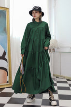 Load image into Gallery viewer, Half Button Band Neck Tiered Maxi Shirt Dress
