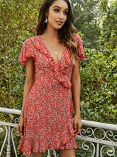 Load image into Gallery viewer, Ditsy Floral Ruffled Flutter Sleeve Plunge Dress
