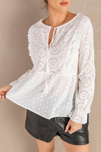 Load image into Gallery viewer, Eyelet Tie-Neck Long Flounce Sleeve Peplum Blouse
