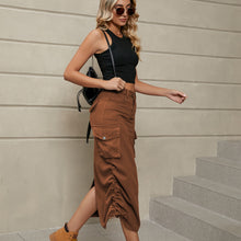 Load image into Gallery viewer, Drawstring Ruched Slit Denim Midi Skirt
