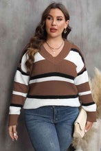 Load image into Gallery viewer, Plus Size Striped V-Neck Dropped Shoulder Sweater
