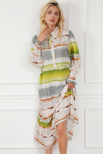 Load image into Gallery viewer, Striped Half Button Smocked Long Sleeve Ruffle Hem Dress
