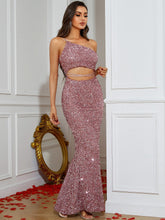 Load image into Gallery viewer, Sequin One-Shoulder Cutout Maxi Dress
