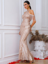 Load image into Gallery viewer, Sequin Cold-Shoulder Fringe Detail Dress
