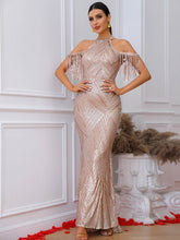Load image into Gallery viewer, Sequin Cold-Shoulder Fringe Detail Dress
