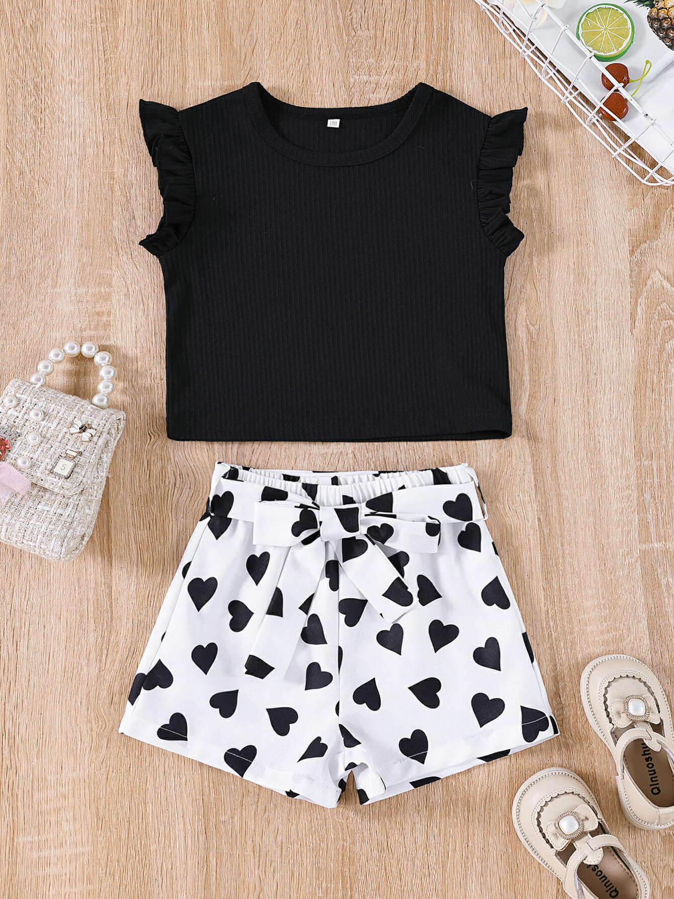 Girls Ribbed T-Shirt and Printed Shorts Set