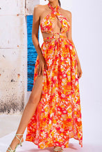 Load image into Gallery viewer, Floral Cutout Halter Neck Split Dress
