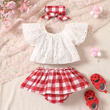 Load image into Gallery viewer, Eyelet Round Neck Top and Plaid Skort Set
