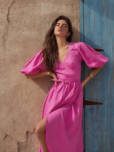 Load image into Gallery viewer, Surplice Balloon Sleeves Tied Dress
