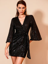 Load image into Gallery viewer, Sequined Tie-Waist Surplice Mini Wrap Dress
